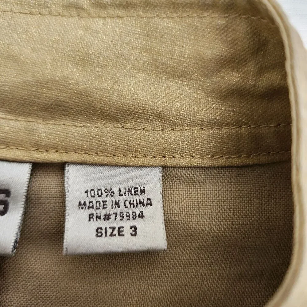 Chicos Jacket Women's 3 Gold Metallic Linen Full Zip Classic Career Evening Chic